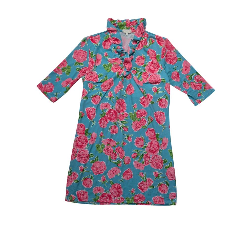 Simply Southern Women L Shift Dress Rose Floral Print Ruffle Neck Knit Colorful